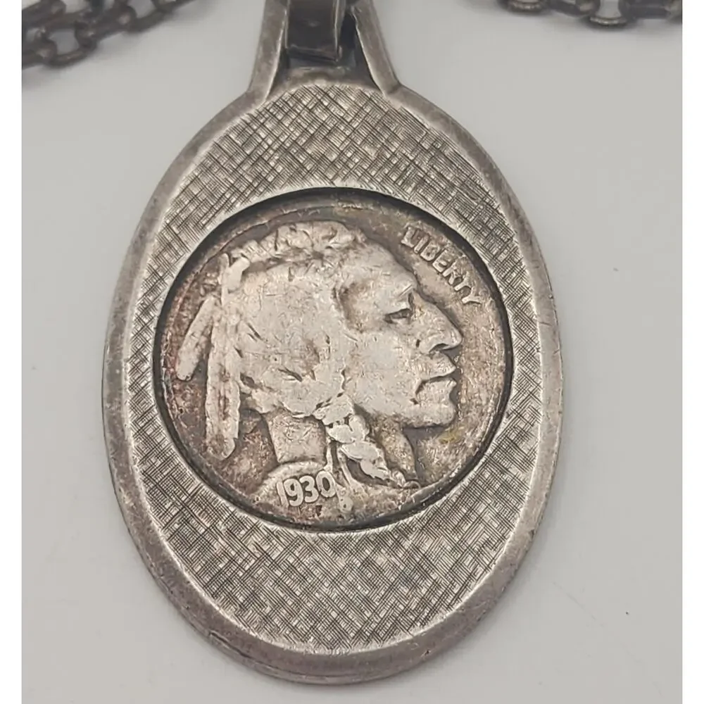Vintage 1930 Indian Head Nickel Silver Pendant Necklace with Chain Jewelry